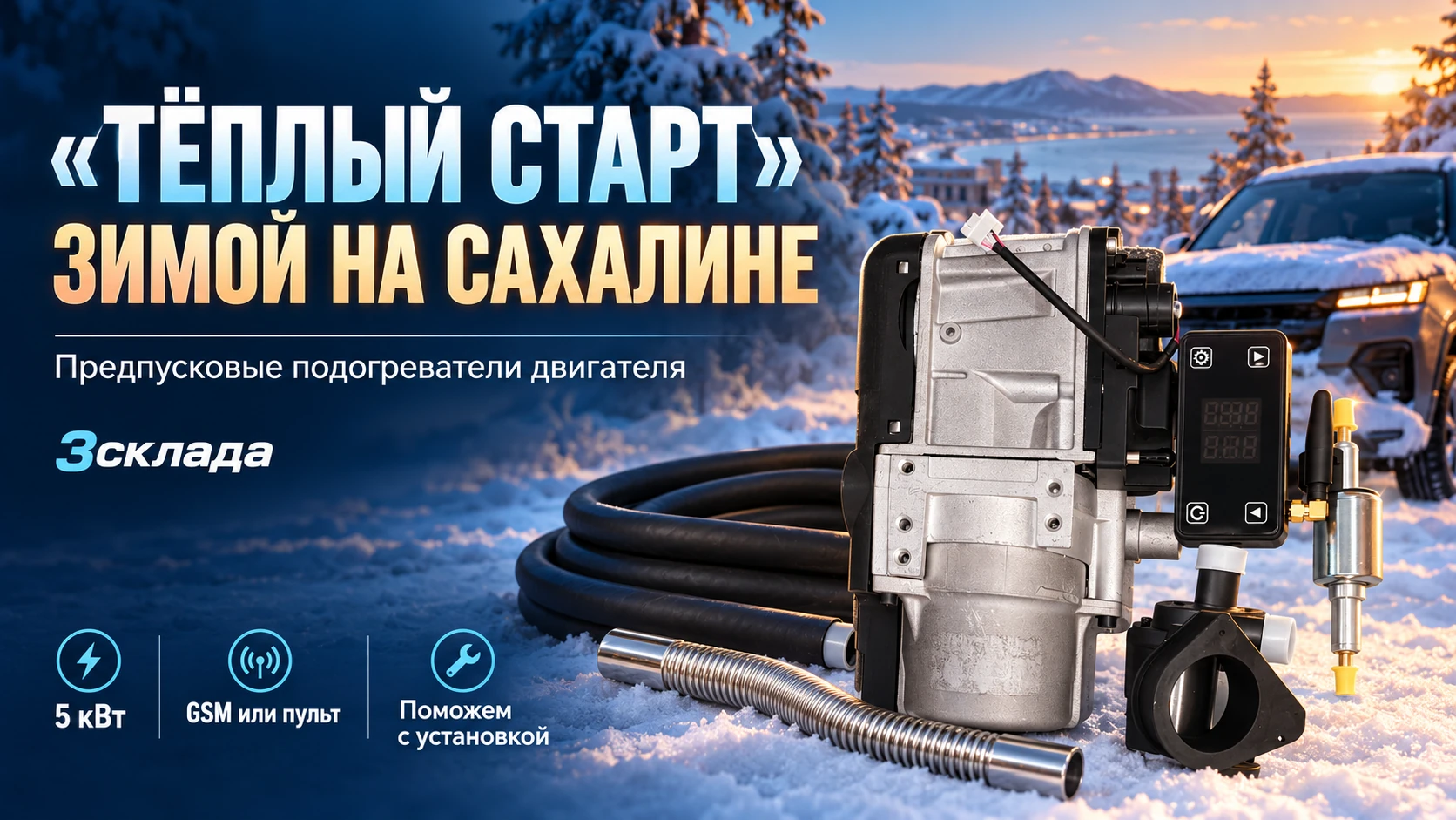 Тёплый старт зимой на Сахалине — предпусковой подогреватель двигателя 5 кВт, GSM или пульт, помощь с установкой