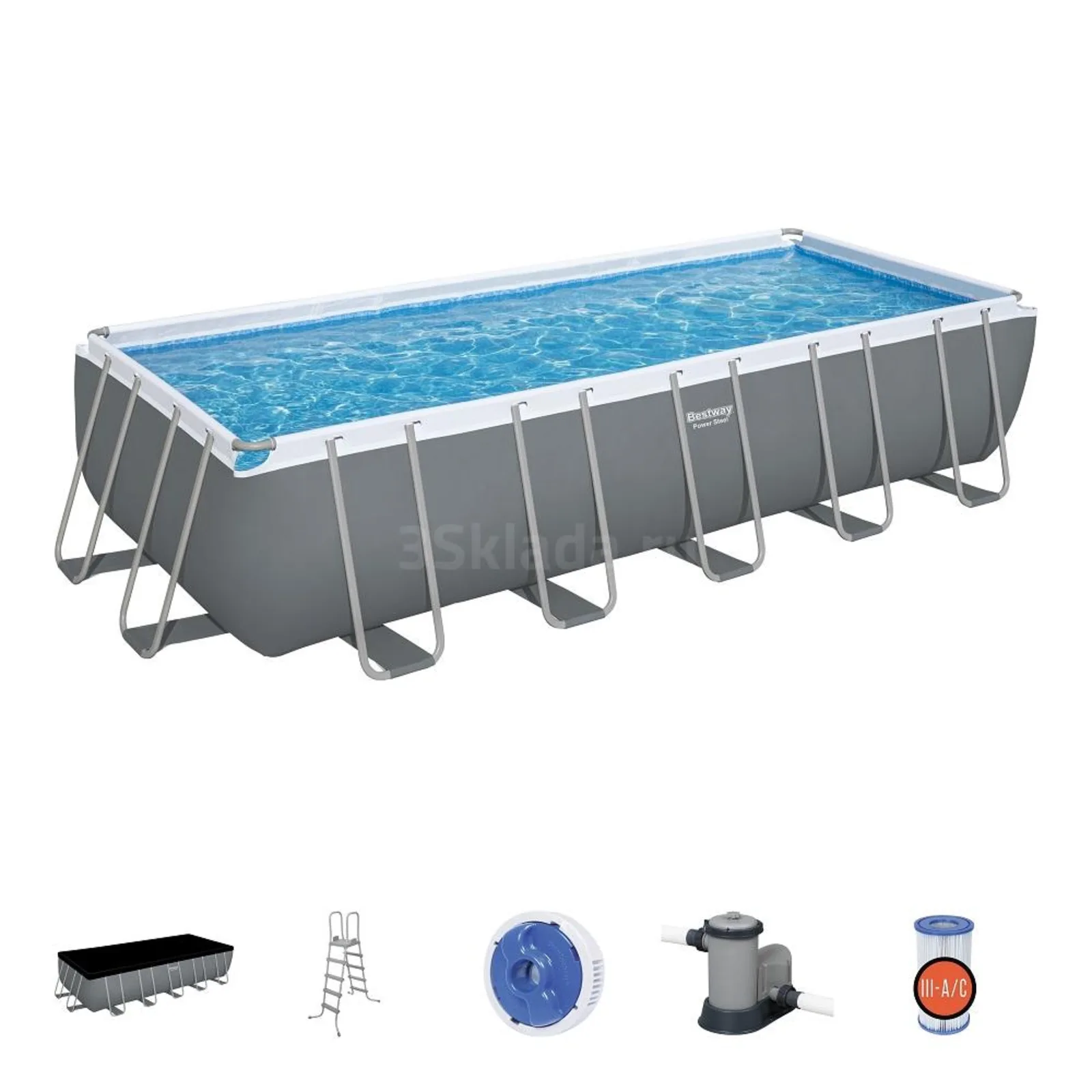 Bestway 5611Z Каркасный бассейн Power Steel 640х274х132см, 19281л, фил.-насос 5678л/ч, лестница, тент, попл.-доз.