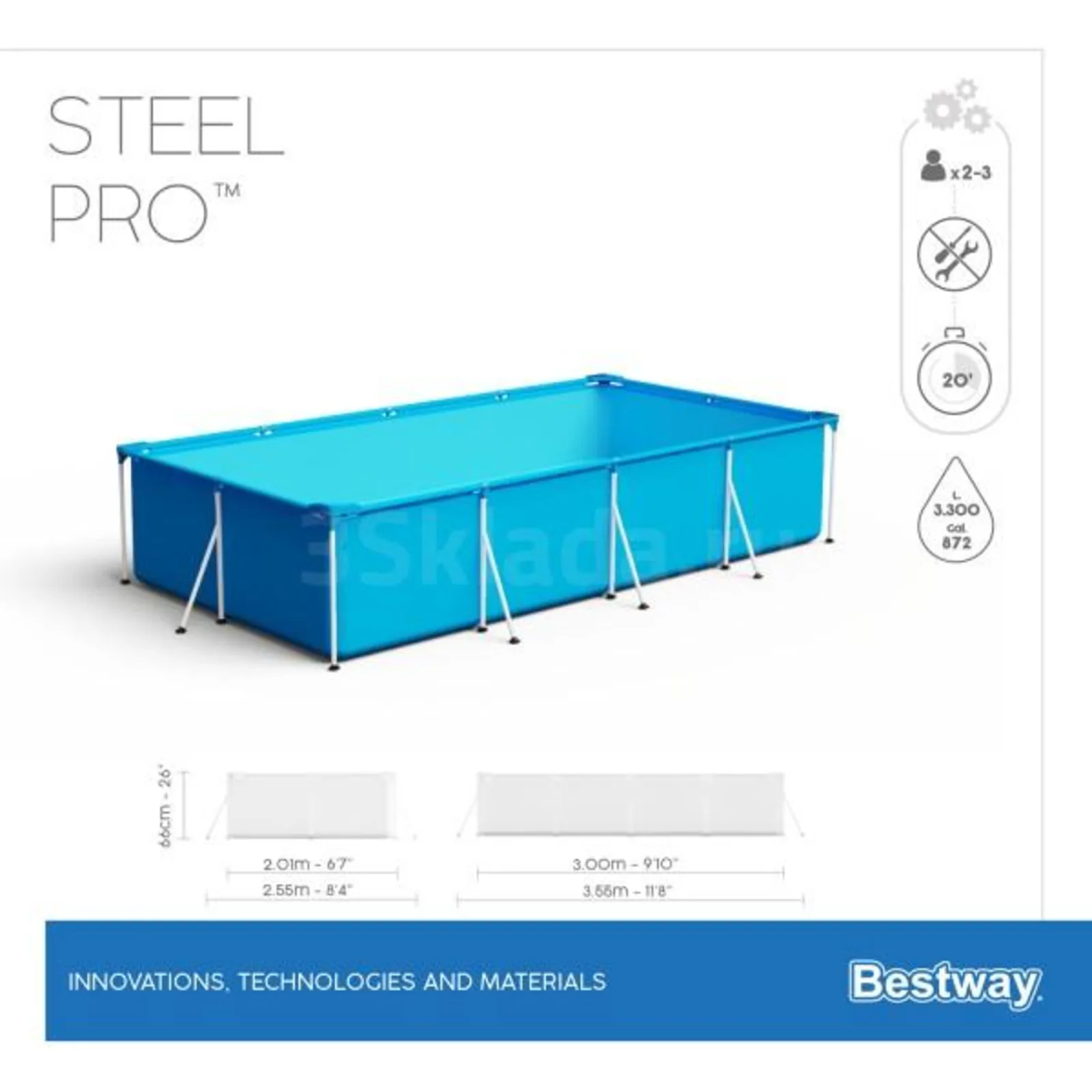 Bestway 56404 BW Каркасный бассейн Steel Pro 300х201х66см, 3300л