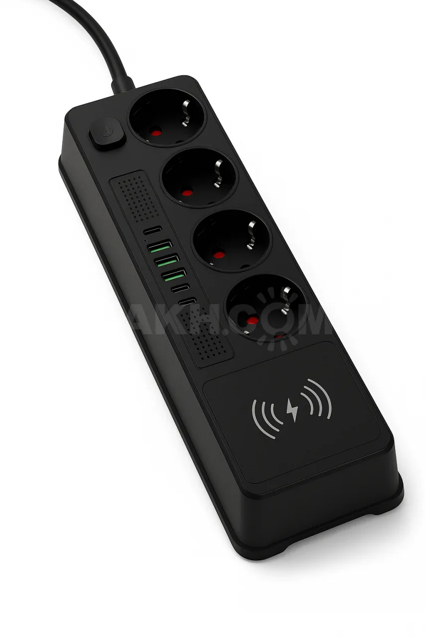 Сетевой удлинитель A04, 4 розетки, 3 USB, 2 Type-C, беспроводная зарядка, чёрный
