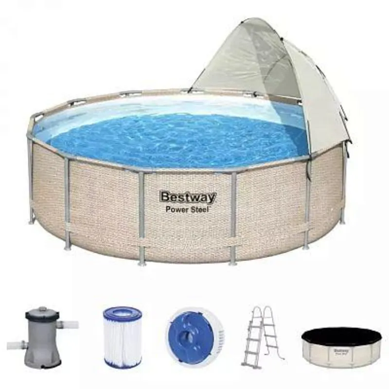 Bestway 5614V BW Каркасный бассейн Power Steel 396x107см 11133л, фил.-насос 2006л/ч, лестн., тент, попл.-доз., навес