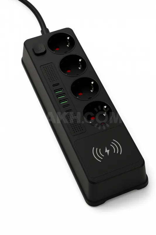 Сетевой удлинитель A04, 4 розетки, 3 USB, 2 Type-C, беспроводная зарядка, чёрный